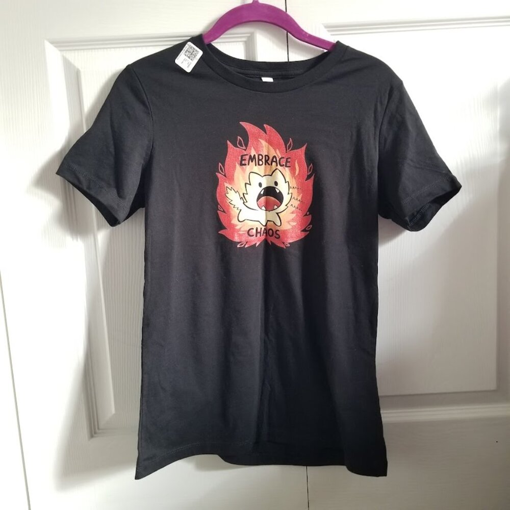 Woot! Women's T-Shirt Small Black Embrace Chaos Graphic Cat Humor New